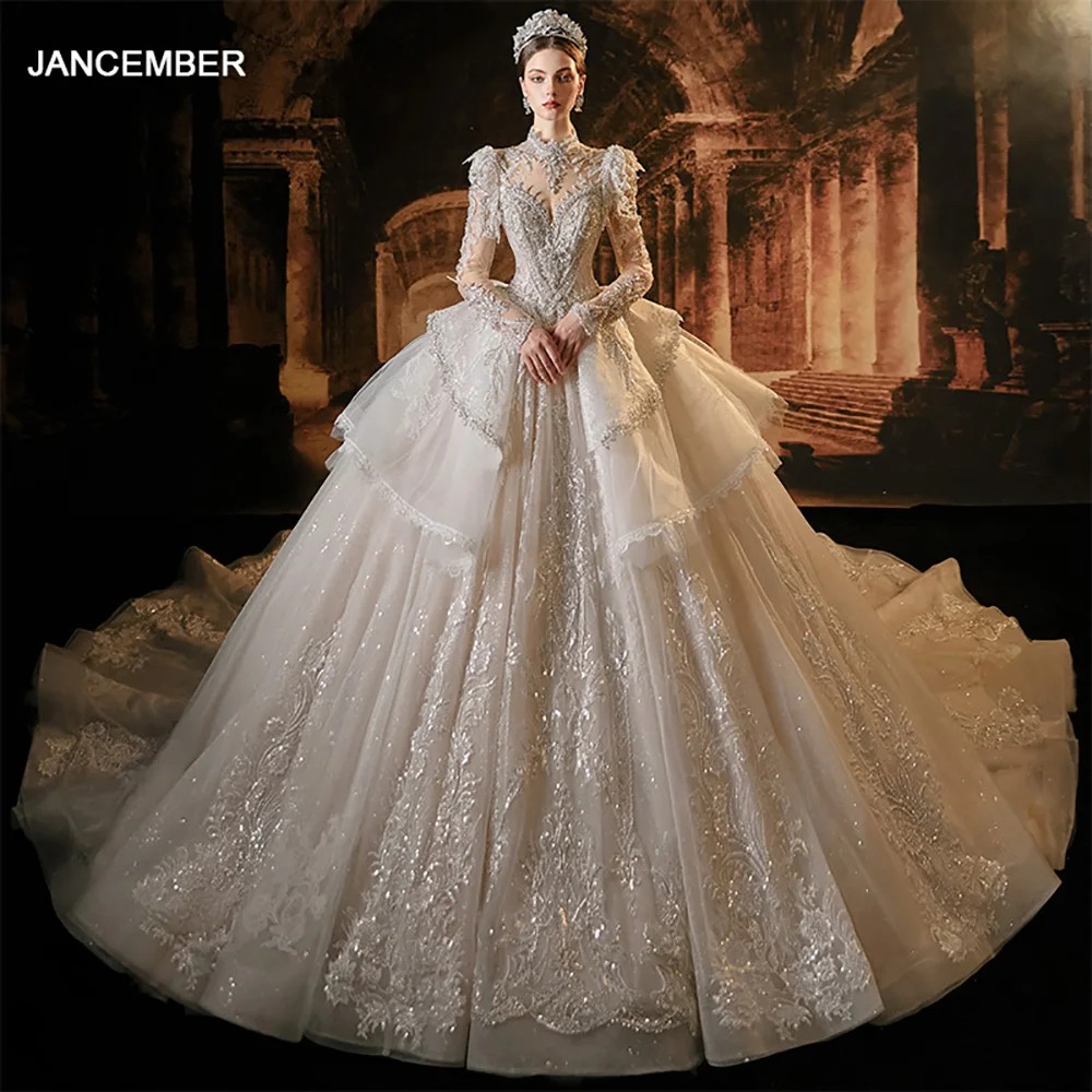 Jancember Elegant Romantic Wedding Dress 2024 High Neck Full Sleeves Embroidery Ruffles Backless Vestidos De Novia LSMX014