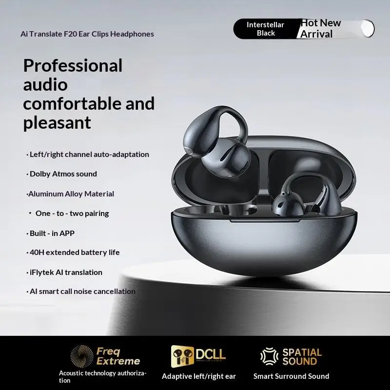 Wireless Bluetooth Earbuds with Ear Clips 6.0 AI Translation Noise Reduction 40H Battery Life IPX6 Waterproof for Sports And Fit