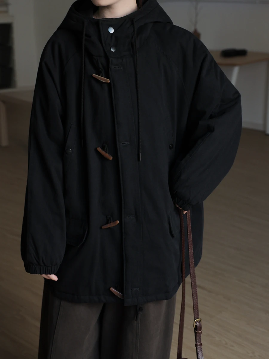 

Thiened Cotton Jaet Hooded Mid-Length Quilted Winter Coat Retro Japanese Sle Women's Loose Fit Long Sve Coat