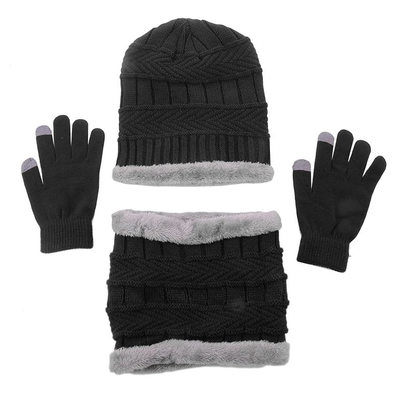 Unisex Beanies Hat Ring Scarf Gloves Set Winter Knitted Thick Warm Women Men Solid Retro Beanie Hat Soft Touch Screen Gloves