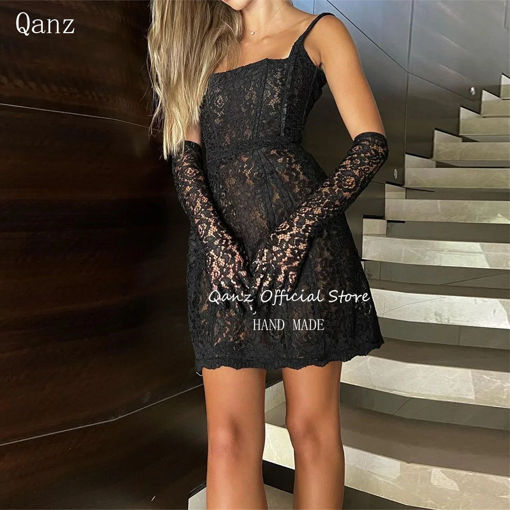 

Qanz Full Lace Prom Dresses Short Spaghetti Straps Vestidos Para Eventos Especiales No Gloves Dress Party Night Customized