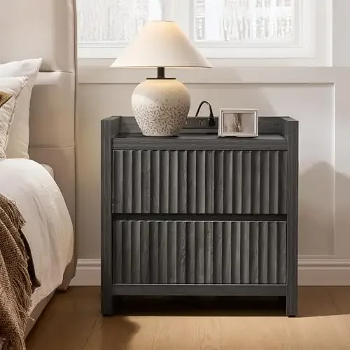 Night Stand Set of 2-Fluted Nightstands with Charger Station-Large Nightstand Bedside Table End Table with 2 Drawers