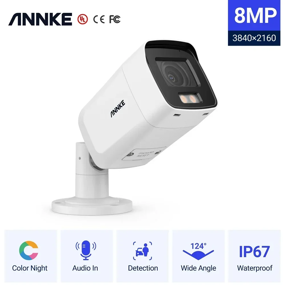 ANNKE H265 8MP PoE IP Surveillance Camera Weatherproof 4K Ultra HD Full Time Color Night Vision Camera with microphone