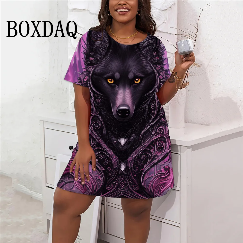 Wolf Women's Dresses Summer 2024 Fashion 3D Digital Animal Print Graphic Causal Short Sleeve Loose Plus Size Dress 9XL Clothing