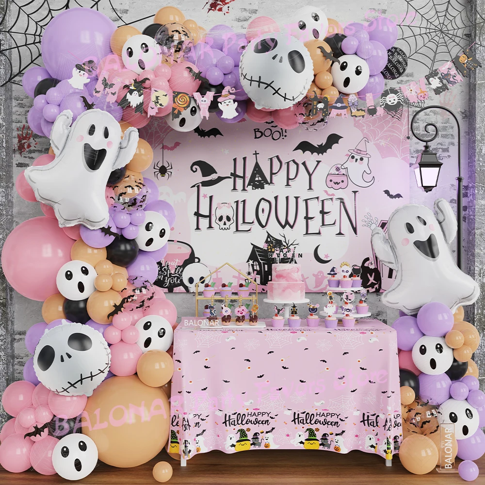 125Pcs Halloween Purple Pink Balloons Garland Wreath Kit Printed Bat Transparent Latex Balloon Spooky BOO Birthday Party Supplie