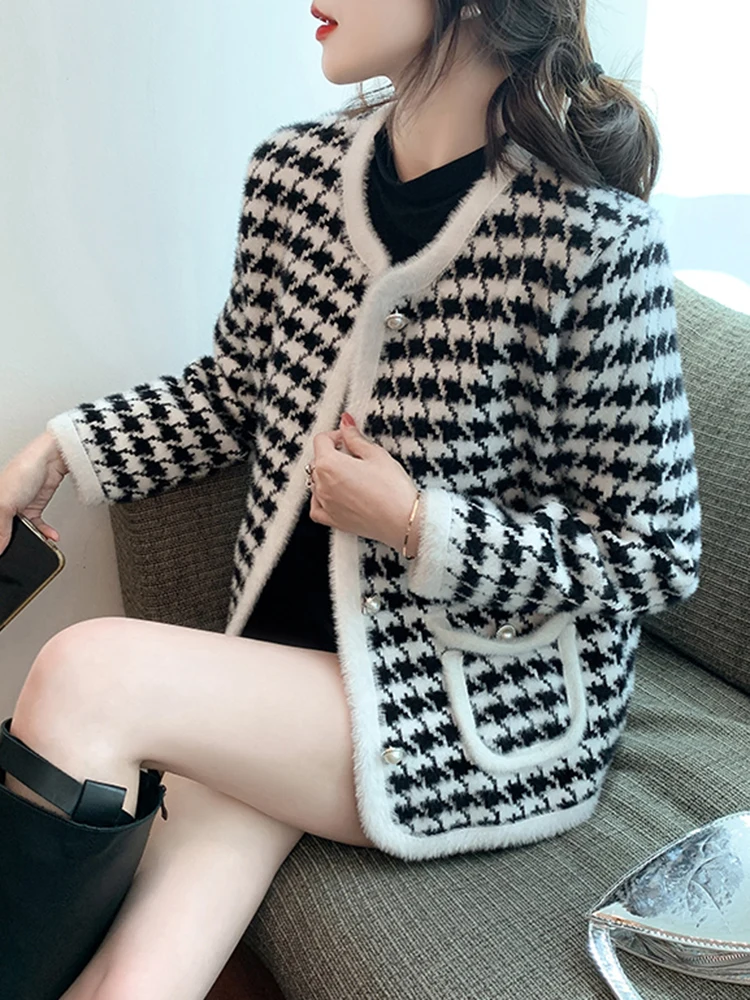 Chic Vintage Houndstooth Knitted Cardigans for Women O Neck Long Sleeve Female Cardigan Sweaters Autumn Winter Casual Knitwear