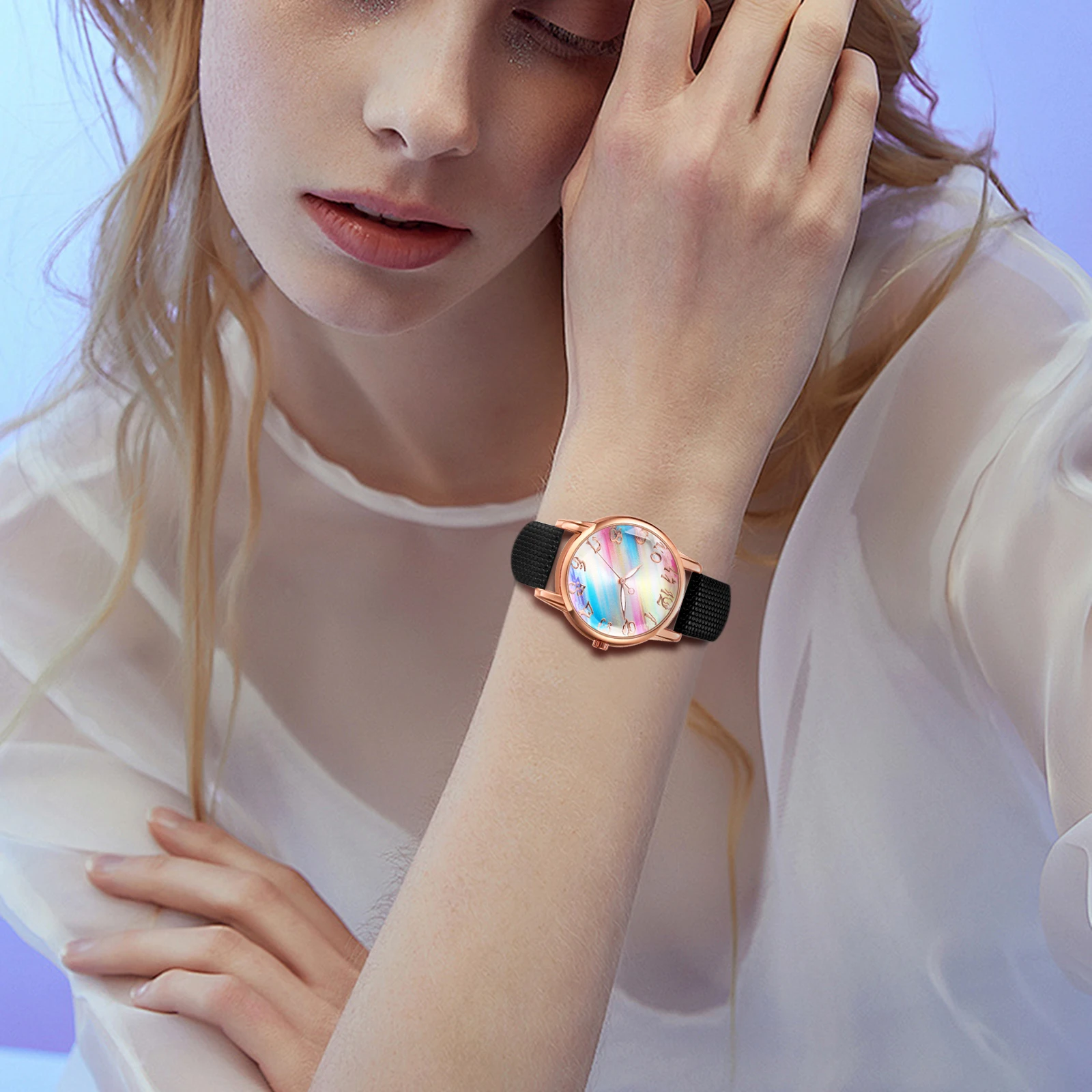 LANCARDO-reloj bohemio colorido para mujer, correa de cuero con esfera de arcoíris, reloj de cuarzo de Color sirena, reloj exquisito de moda