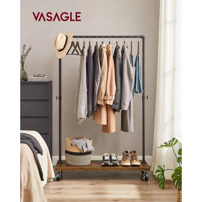 VASAGLE Clothes Rack, Heavy Duty Clothing Rack, Industrial Pipe Style Rolling Garment Rack with Shelf, for Bedroom, Laundry Room