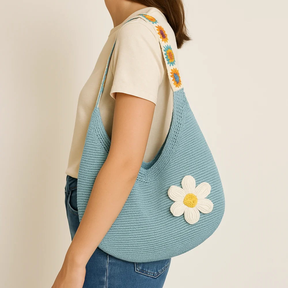 

Simple Crochet Flower Knitting Bag Mesh Handmade Beach Tote Bag Large Capacity Bohemian Style Hollow Shoulder Bag Holiday