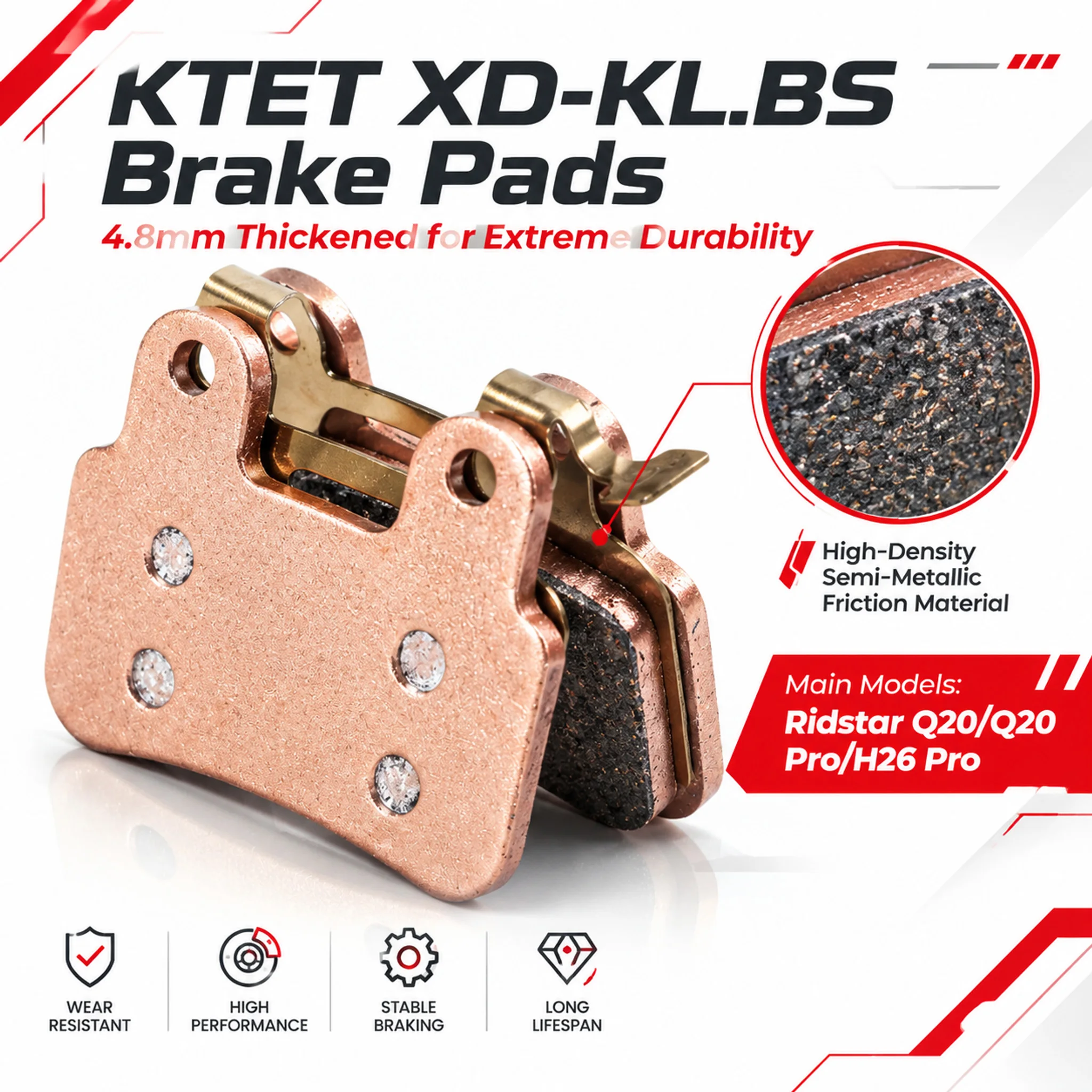 Freego X2 Brake Pads Semi-Metallic, for KTET XD-KL.BS Caliper, Ridstar YVY E-Bike Disc Pad, Long Lasting Part