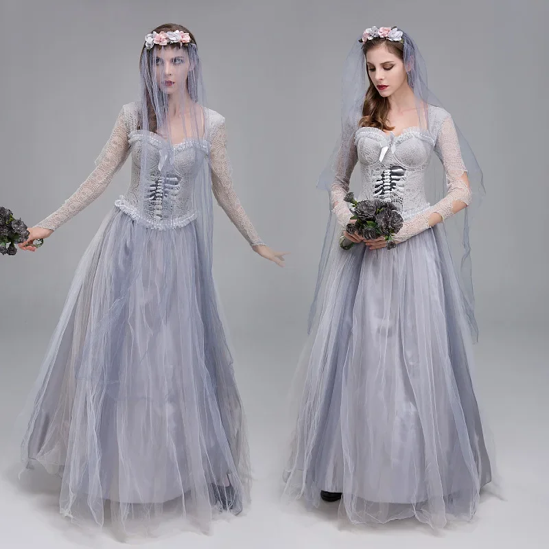 Ladies Ghost Bride Halloween Cosplay Clothes Corpse Bride Corset Dress and Veil  Carnival Outfit Lady Fashion Slim