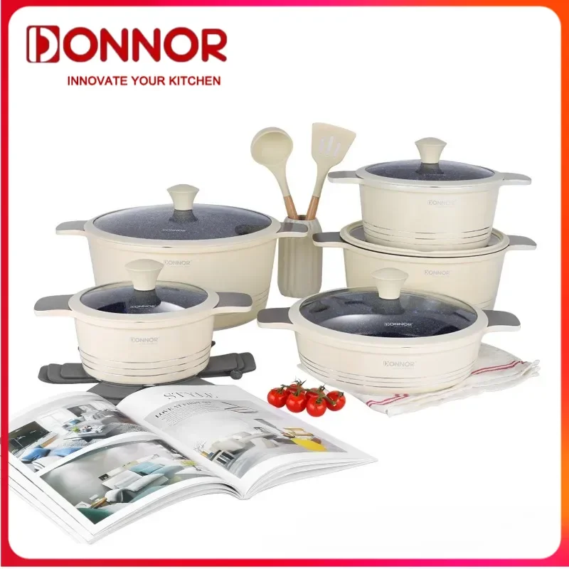 

DONNOR точечные товары 15 шт./компл. сковорода с антипригарным покрытием, посуда, сковорода, алюминиевая кастрюля для супа, анти-ожоговая кастрюля с двойным ухом, набор кухонной посуды