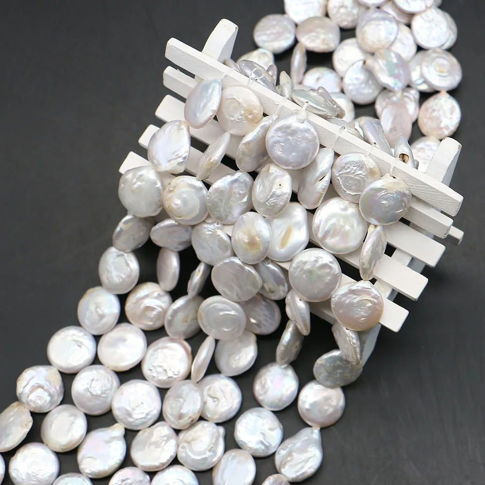 Classic Natural Freshwater Baroque Coin-shaped Button White Straight-hole Loose Pearl Beads DIY Necklace Jewelry Accessories