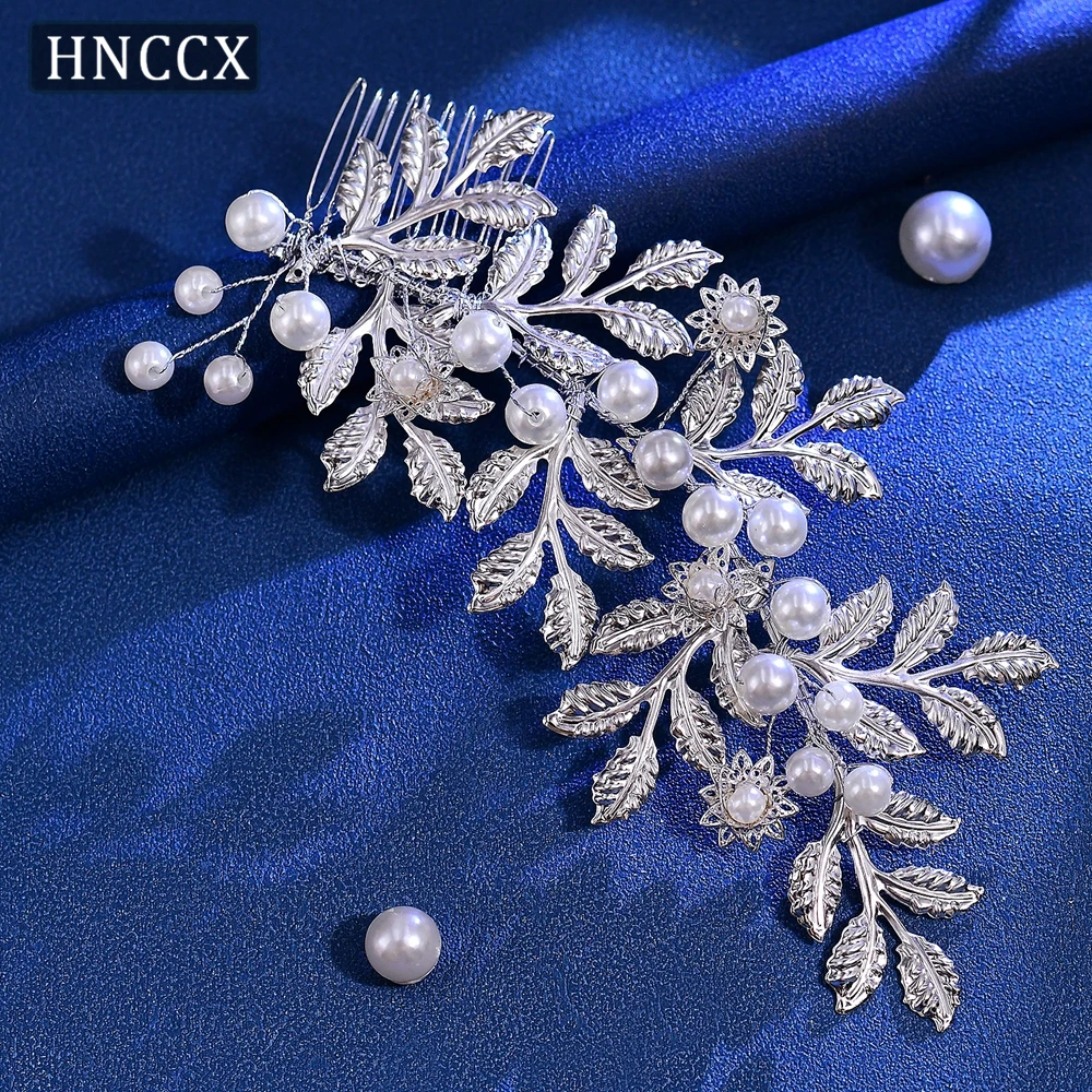 HNCCX Trendy Pearl Hair Comb Bride Hair Accessories Handmade Alloy Leaf Wedding Side Comb Headband Wedding Hair Jewelry CP757