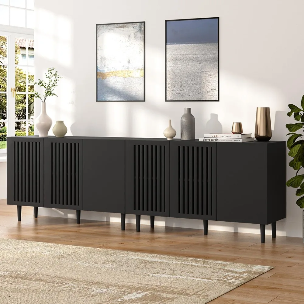 

CHUWELL Modern Storage Cabinet, 94.4 Buffet Cabinet with 6 DIY Doors and Adjustable Shelf, Sideboard Coffee Bar with Solid Wood