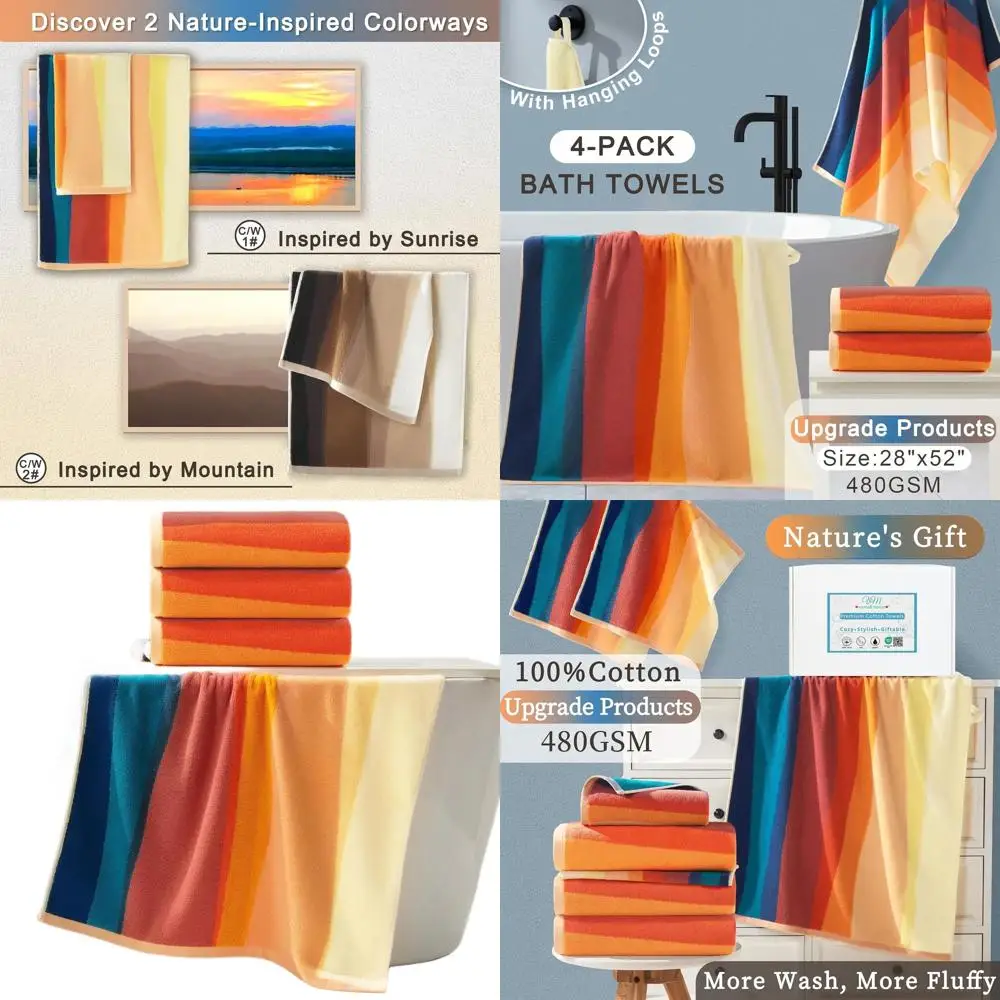 

Cotton Bath Towel Set (4 Pieces, 28x52 Inches) - Soft & Absorbent, 480 GSM, Decorative Red & Orange Towels for Shower