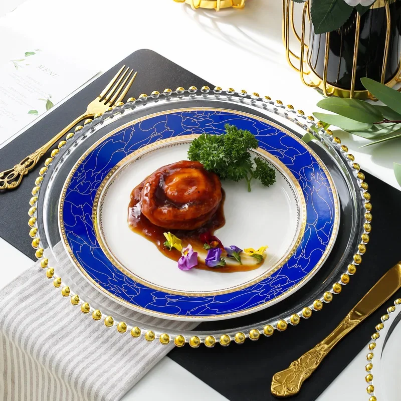 Nordic Blue Dinner Plate Set Bead Glass Charger for Fancy Serving Wedding 10 inch beautiful Crockery