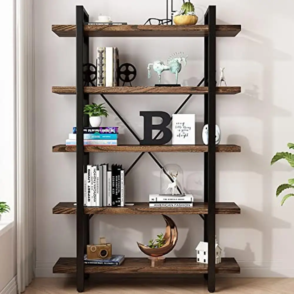 5-Tier Rustic Industrial Style Wood Bookcase Shelving Unit Living Room Modern Open Shelf Display Stand Solid Wood and Metal