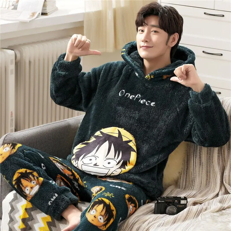 One Piece Luffy Coral Velvet Pajamas Men Winter Thickened Flannel Home Clothes Suit Cartoon Anime Cardigan Sleepwear Set Male