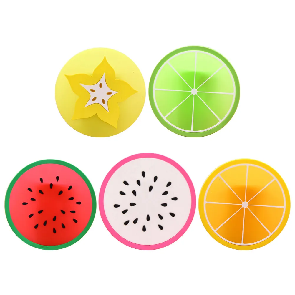 5Pcs 8.8cm Fruit Theme Silicone Coasters Round Non-Slip Heat Resistant Cup Protectors Absorb Moisture No Stains Table Safe