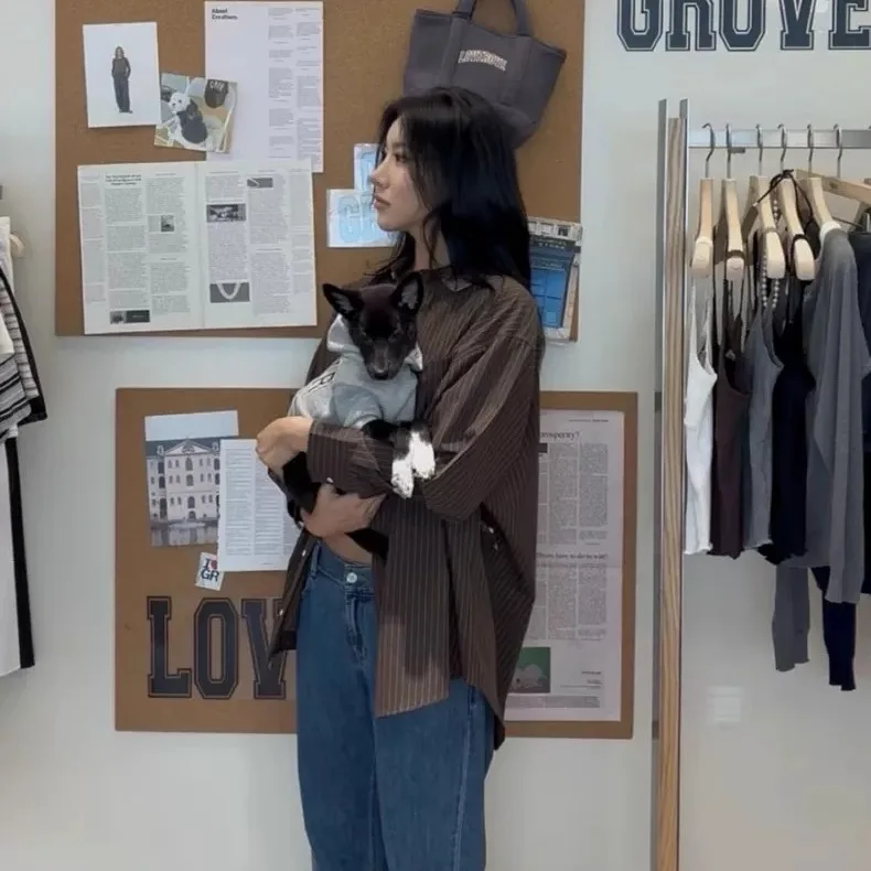 Solto casual listrado irt com ket gola virada para baixo clássico sle feminino topo para uso diário outono temporada e marca