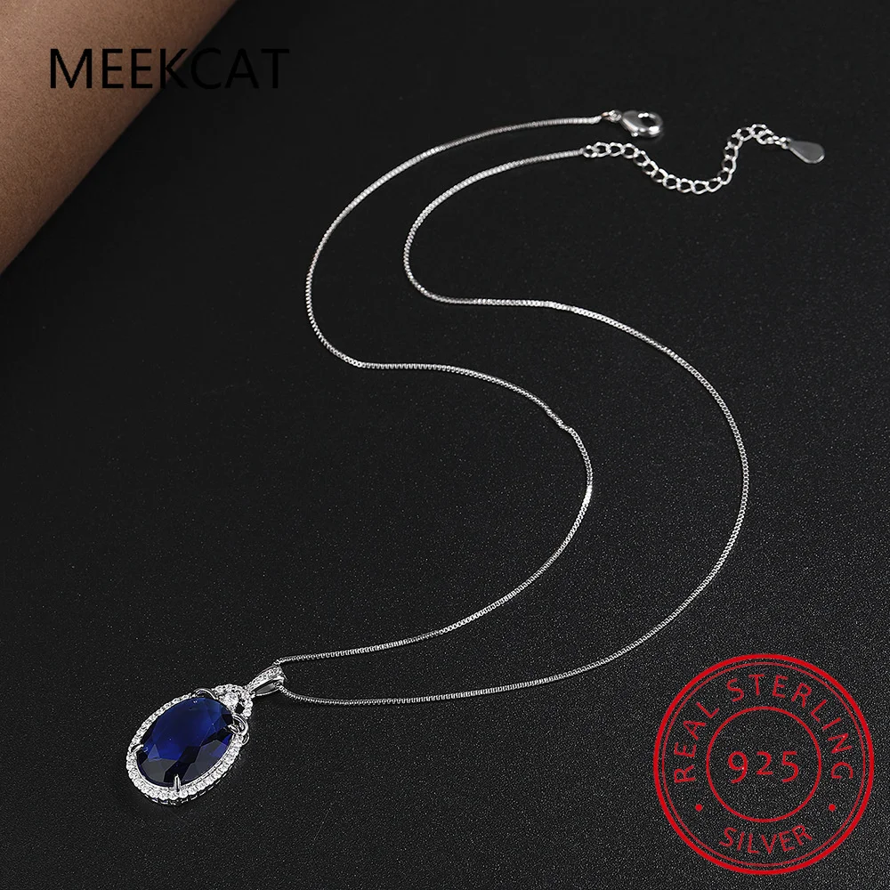 Big Oval Cut Created Blue Sapphire 925 Sterling Silver Pendant Necklace for Women Fine Jewelry Gemstone Choker Colar de Prata