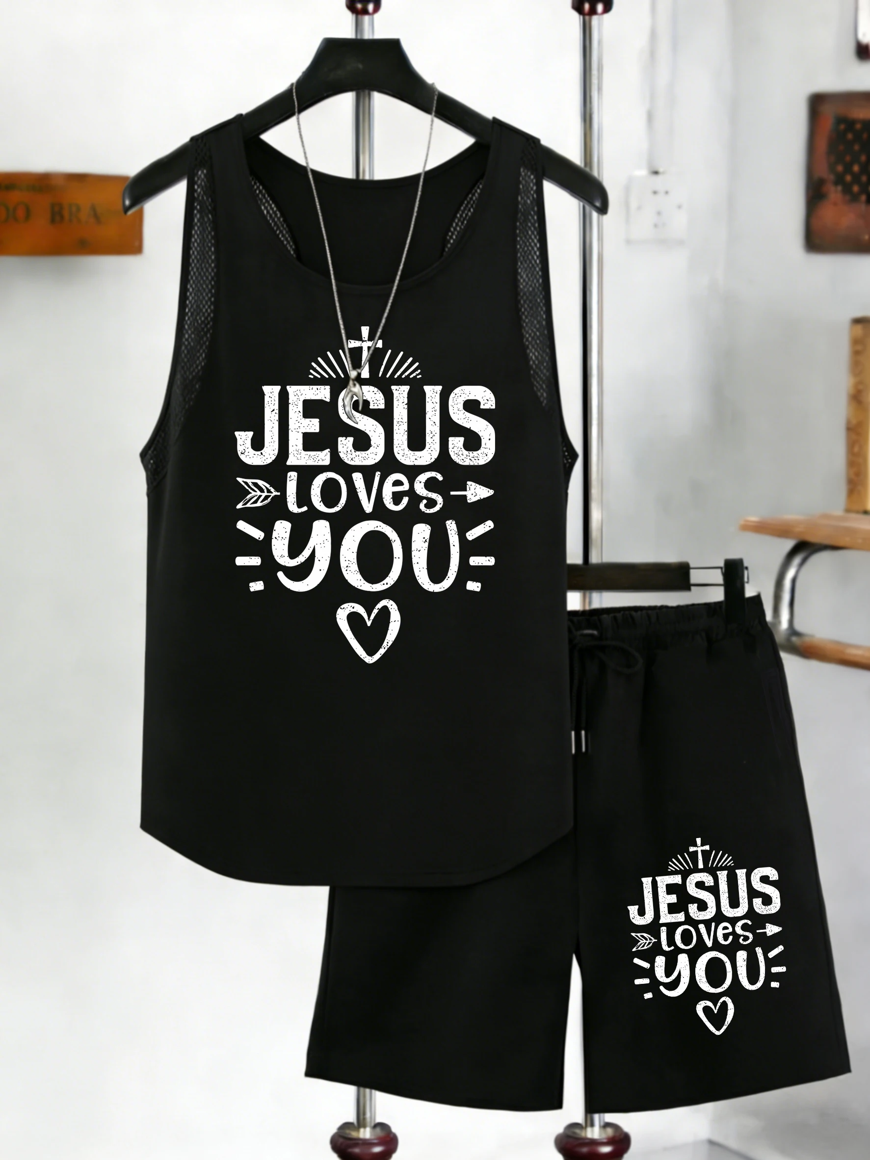 

Jesus Loves You Funy Letter Print Men Vest Set Casual Sleeveless Mesh Tank Tops Summer Drawstring Pants Pocket Wide-Leg Shorts