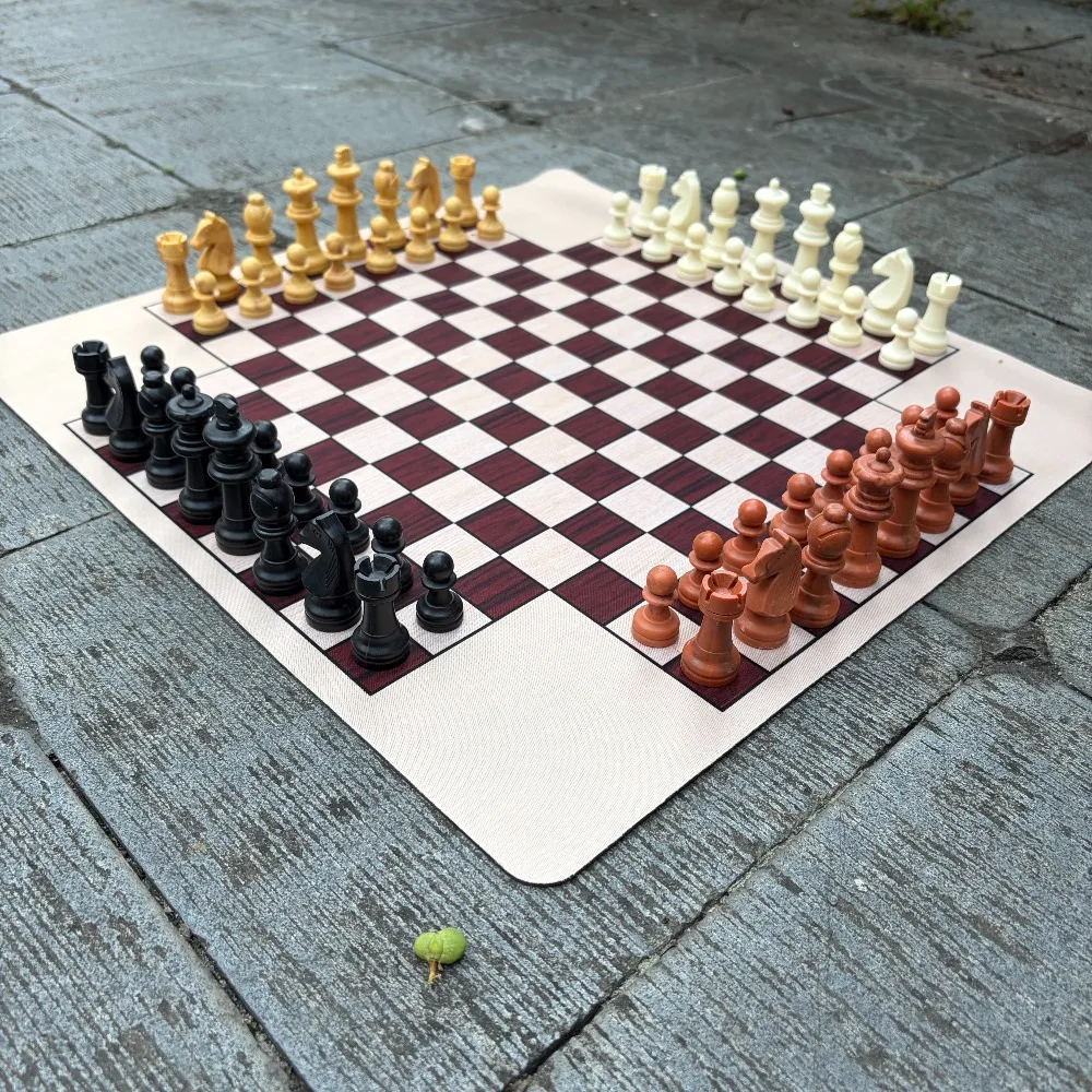 4-Player Chess Board Game BIG SIZE CHESS MAT 45CM/17.7IN and BIG PIECES Imitation Wooden Chess Pieces, 4 Color per 16 Pcs Pieces