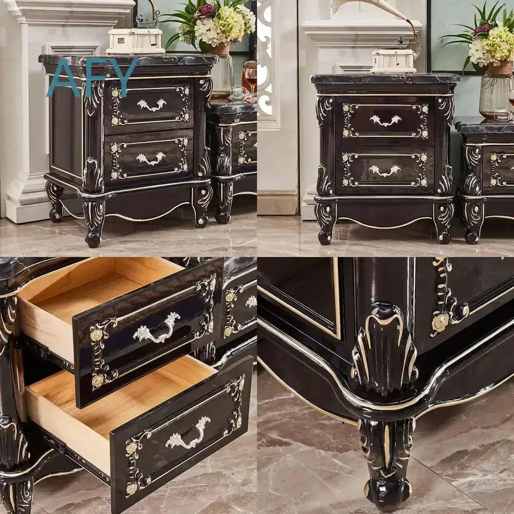 European Style Marble TV Stand Set for Living Room Bedroom Bedside Storage Chest of Drawers Solid Wood Carved Small Bar