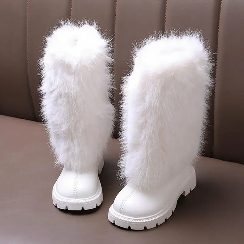 Luxury Fluffy Fur Girl Knee High Boots Winter 2026 Comfort Non Slip Thick Sole Furry Snow Boots Plus Size Children Long Booties