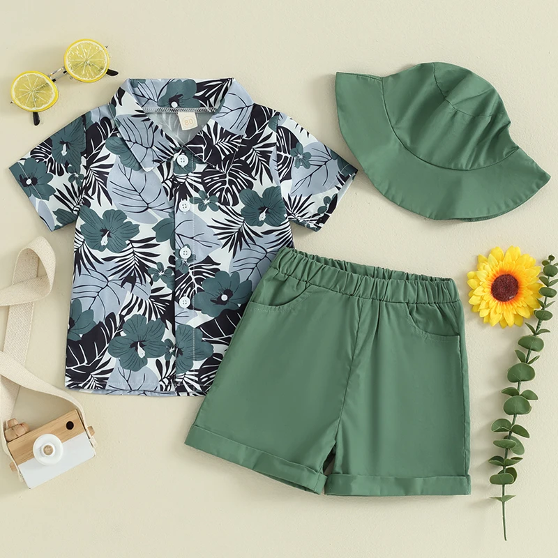 

0-4Y Boys Clothing Sets Summer Short Sleeve Flower Print Tops + Shorts + Hat Kids Clothes Casual Clothing Sets for Children