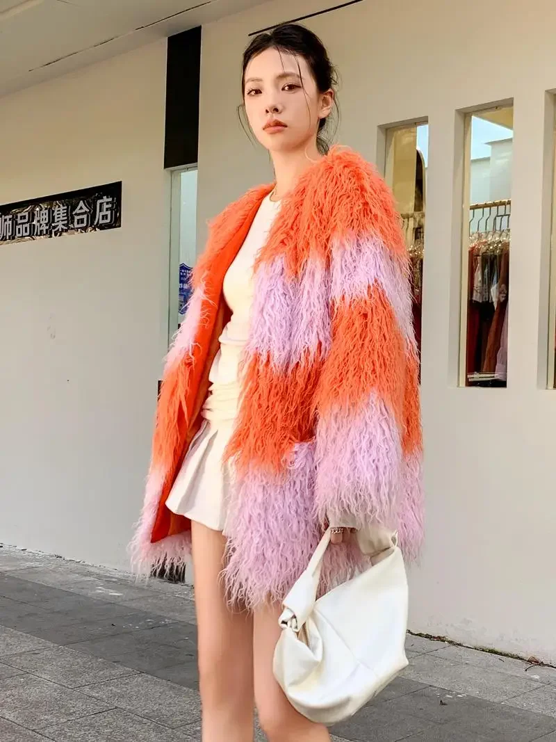 2024 Persimmon Red Splicing Cherry Blossom Pink Faux Fur Top Jacket Plush Loose Autumn And Winter Contrasting Beach Wool Coat