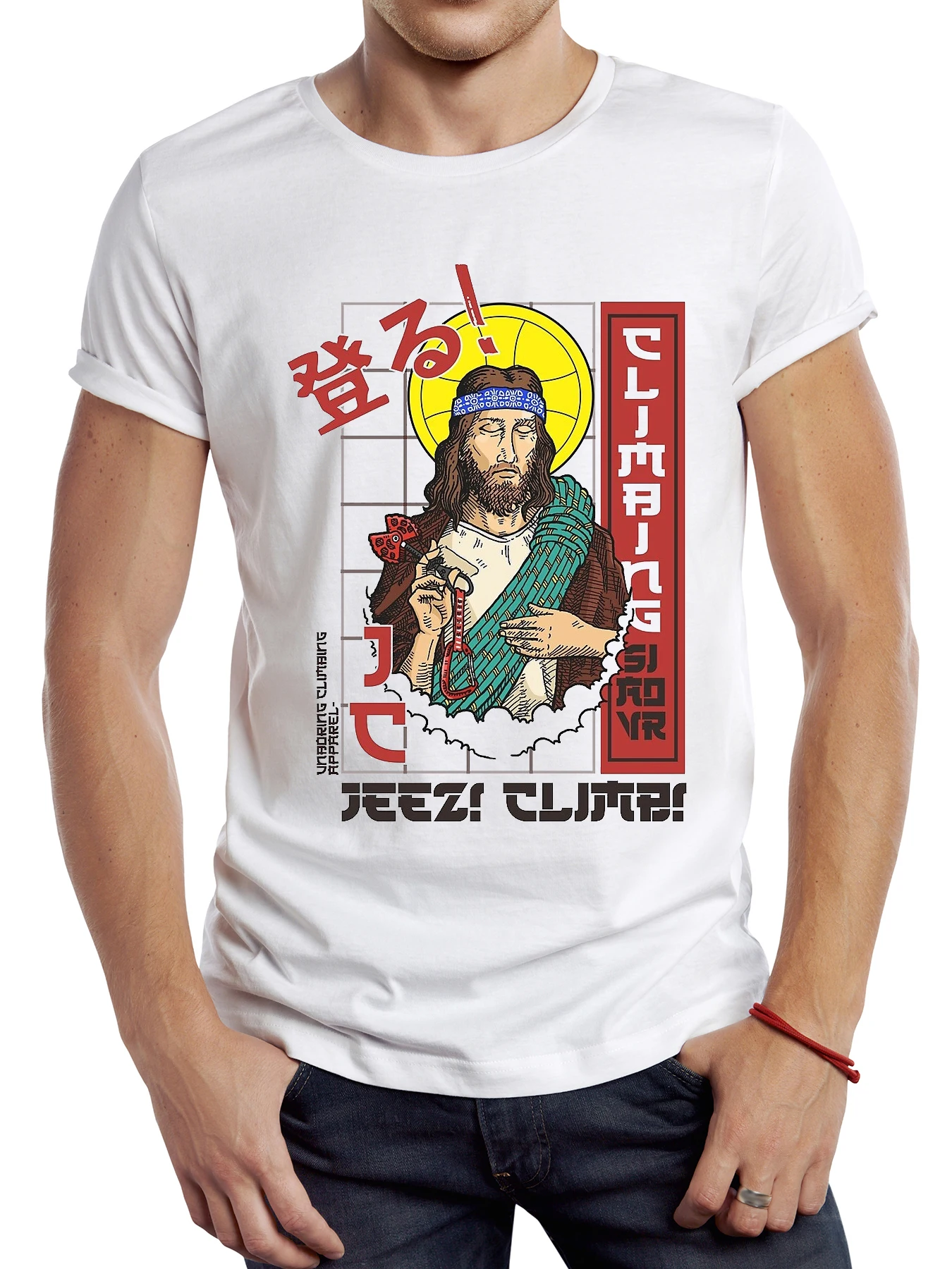 

FPACE Funny Jeez Climb Men T Shirt Graphic Streetwear Short Sleeve Tops Sport Mountain Climbing T-shirt