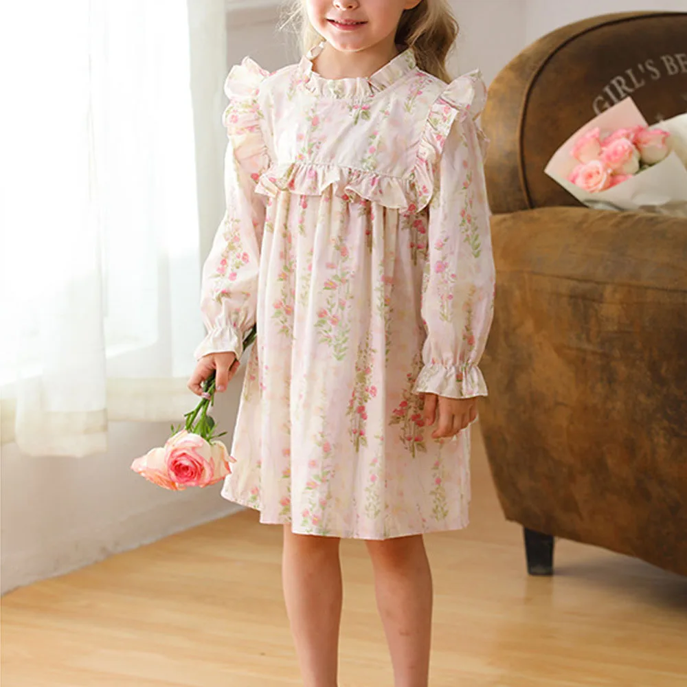 

Children Clothes Casual Dress For Kids Girl 2-7 Year Autumn Long Sleeve Girl Princess Dress Fashion Flower Printing Kids Dress