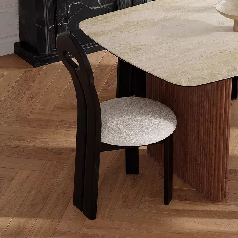 French Cream Style Solid Wood Dining Chair Designer Lamb Fleece  Dressing  Household Back  Medium Antique Key