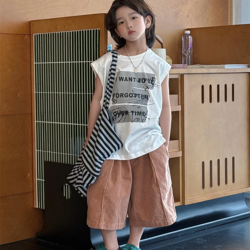 

Pants 2026 Spring and Summer New Children's Clothing Korean Style Boys and Girls Retro Casual Cotton Seven Minute Pants