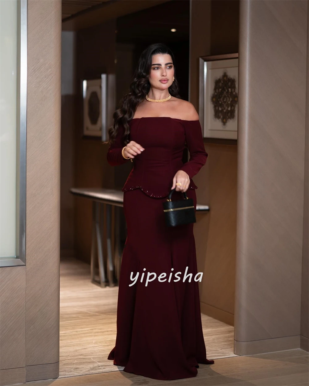 Abiti lunghi personalizzati di alta qualità in jersey classico con perline pieghe dritte con spalle scoperte Abiti da cerimonia su misura Semplici e sexy