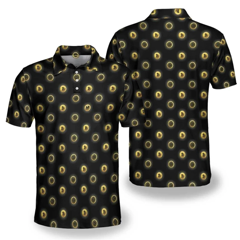 Many Bitcoin Pattern 3D Print Polo Shirt For Men Business Lapel Short Sleeves Tee Shirts Tops B Pattern Skull Oversized T-shirt