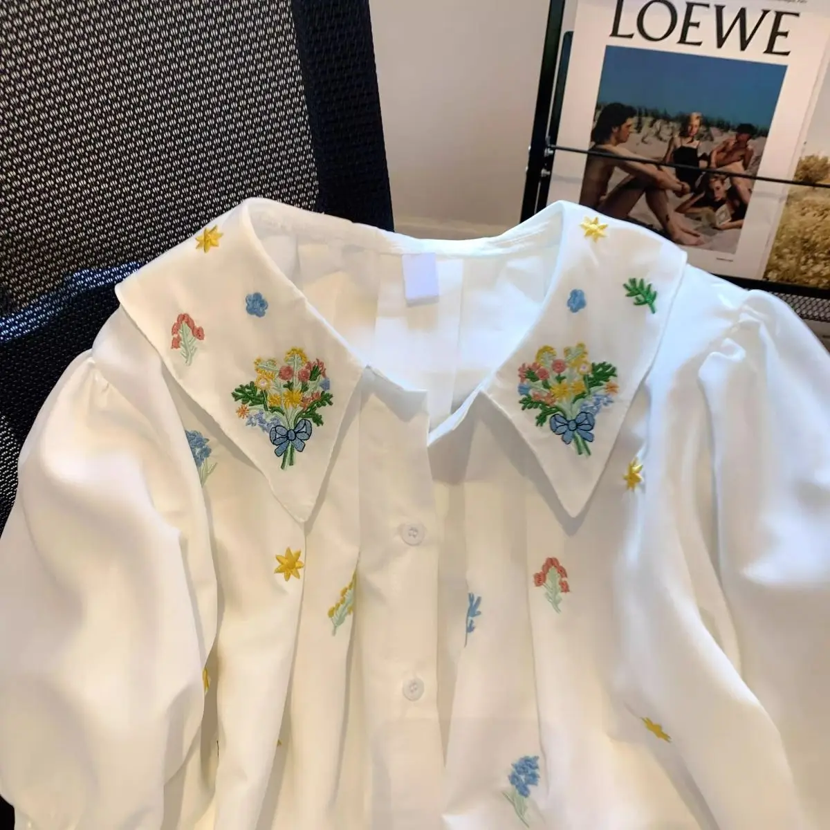 Plus rozmiar 5XL 150kg letnia elegancka damska haftowana bluzka z krótkim rękawem topy dla kobiet koszule damskie koreańskie słodkie ubrania