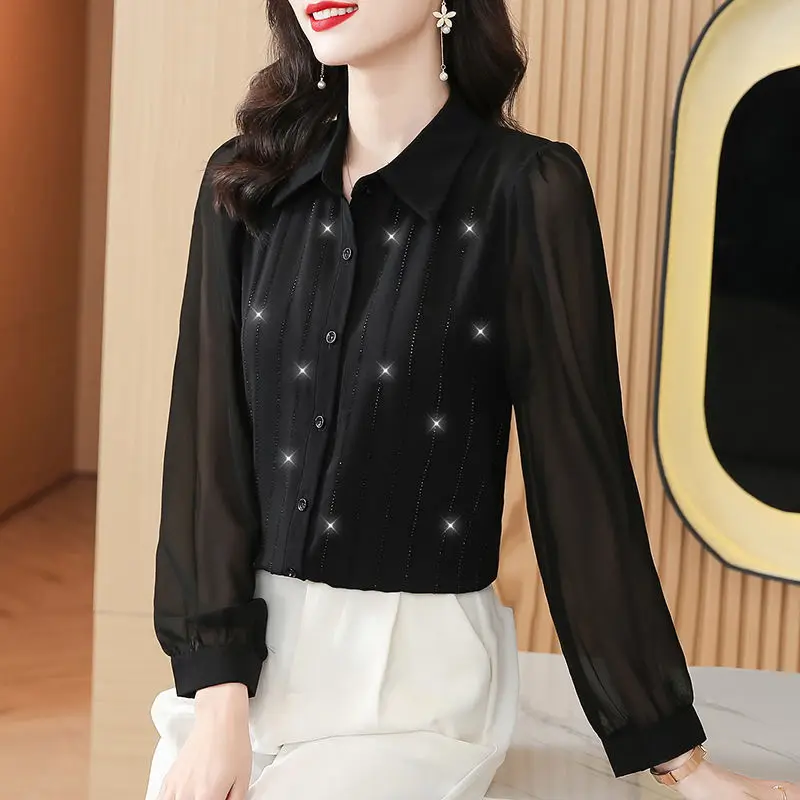 Mode Dames Heldere Zijden Vintage Knoopshirt 2023 Lente Nieuwe Forens Elegante Polo-Hals Effen Damesblouse Met Lange Mouwen