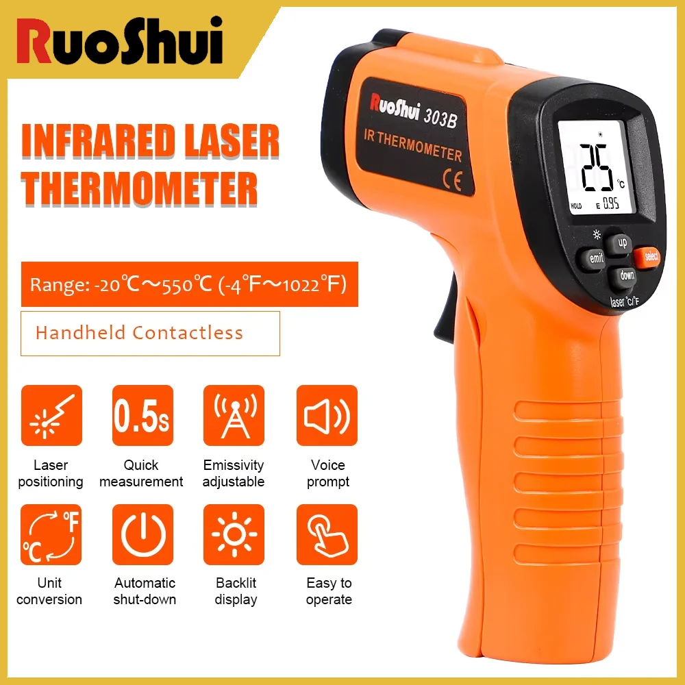

RuoShui 303B Digital Infrared Laser Thermometer -20-550°C Non-contact Pyrometer IR Temperature Measuring Gun Electronic Tools