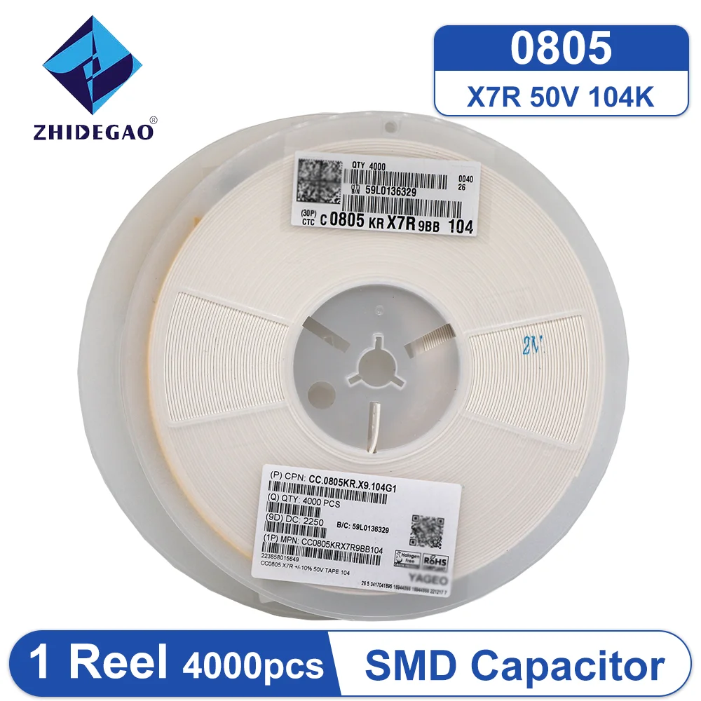 

1 Reel 4000pcs 0805 100nF 104K X7R 50V 10% SMD Capacitor CC0805KRX7R9BB104 Capacitors New and Original