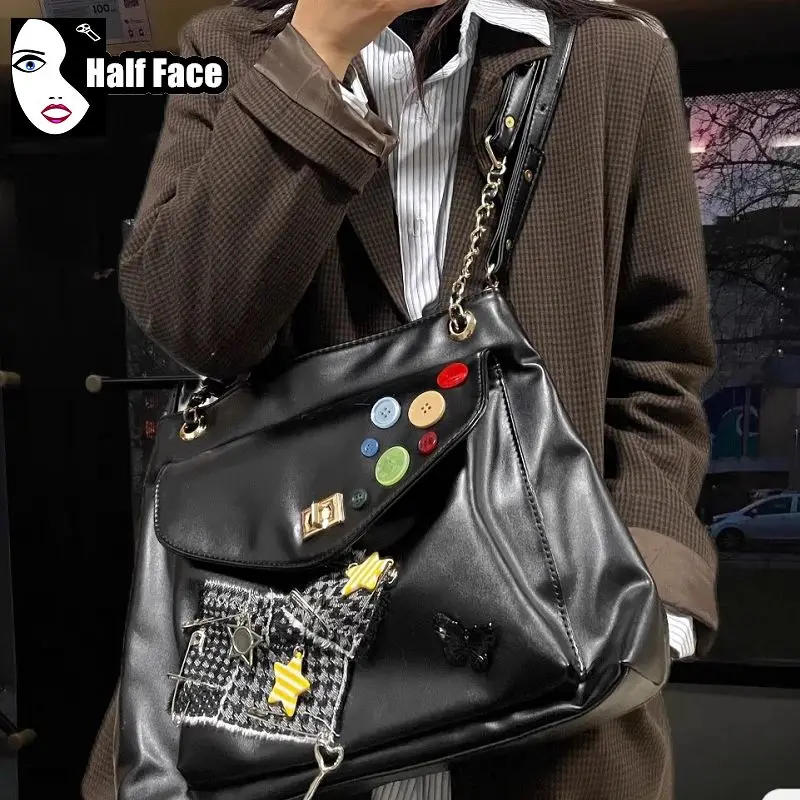 Y2K Girls Harajuku Gothic Handbags Punk Versatile Fashion Patch Button One Shoulder Lolita Women’s Japanese Crossbody Bags Tote