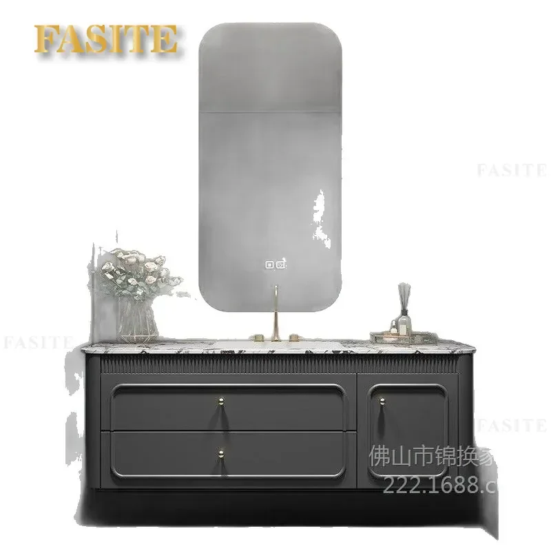 For Oak Bathroom Cabinet French Light Luxury Rock Slab Ceramic Integrated Basin Toilet Washstand Hand and Face Washing Vanity