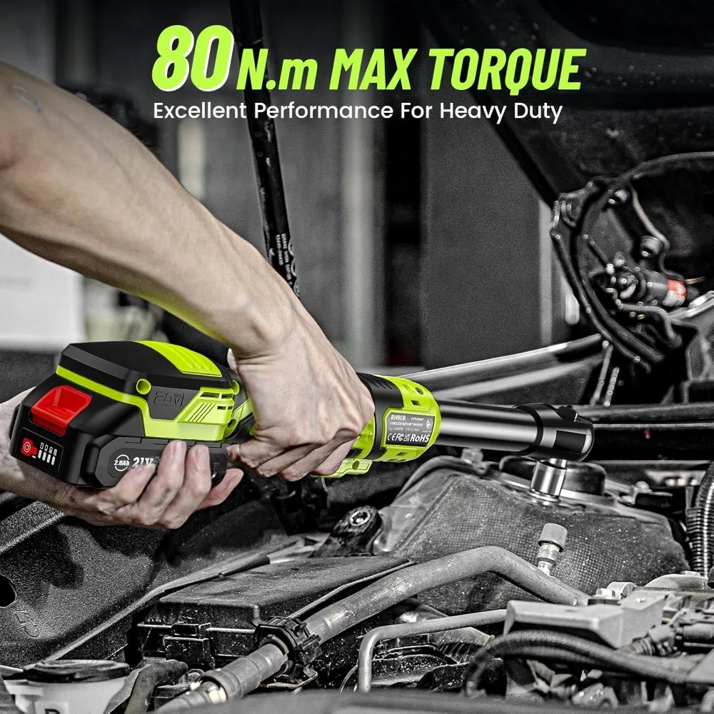 Obeng Ratchet Tanpa Kabel 3/8 inci: Torsi 58 Ft-lbs, 400 RPM, Ringan, Leher 6 inci, 2 Baterai, Soket & LED