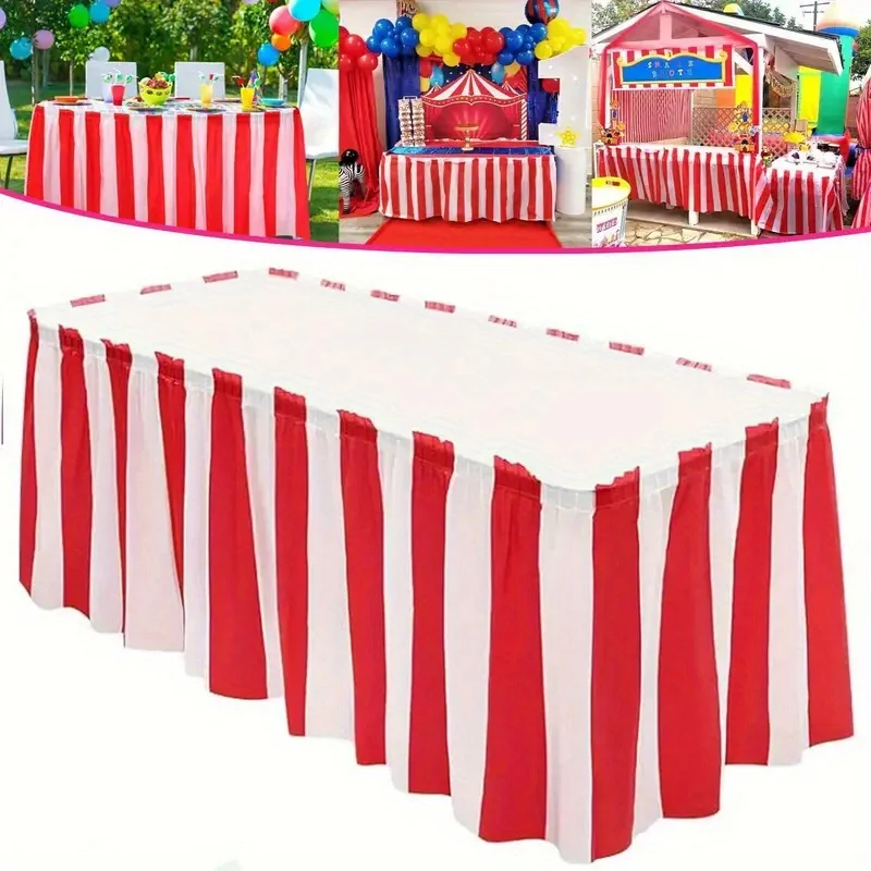 Disposable Red and White Striped Table Skirt, Perfect for Circus-Themed Parties, Carnivals, and Home Decor