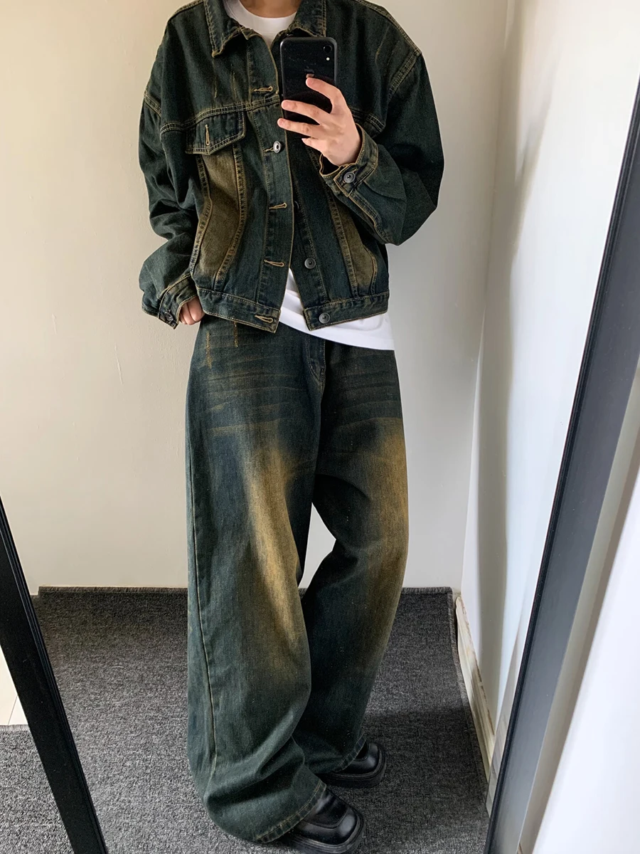 REDDACHiC 90s Retro Skater Men Baggy Jeans Green Wash Adjust-waist Casual Wide Leg Oversize Pants Y2k Trousers Plus Size Clothes