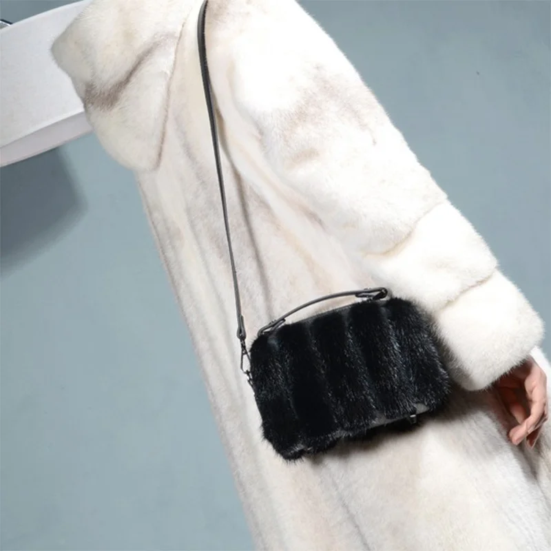 New Mink Hair Small Square Bag Double Zipper Women's Stylish Leather Shoulder Bag High-end Banquet Elegant Clutch Bag