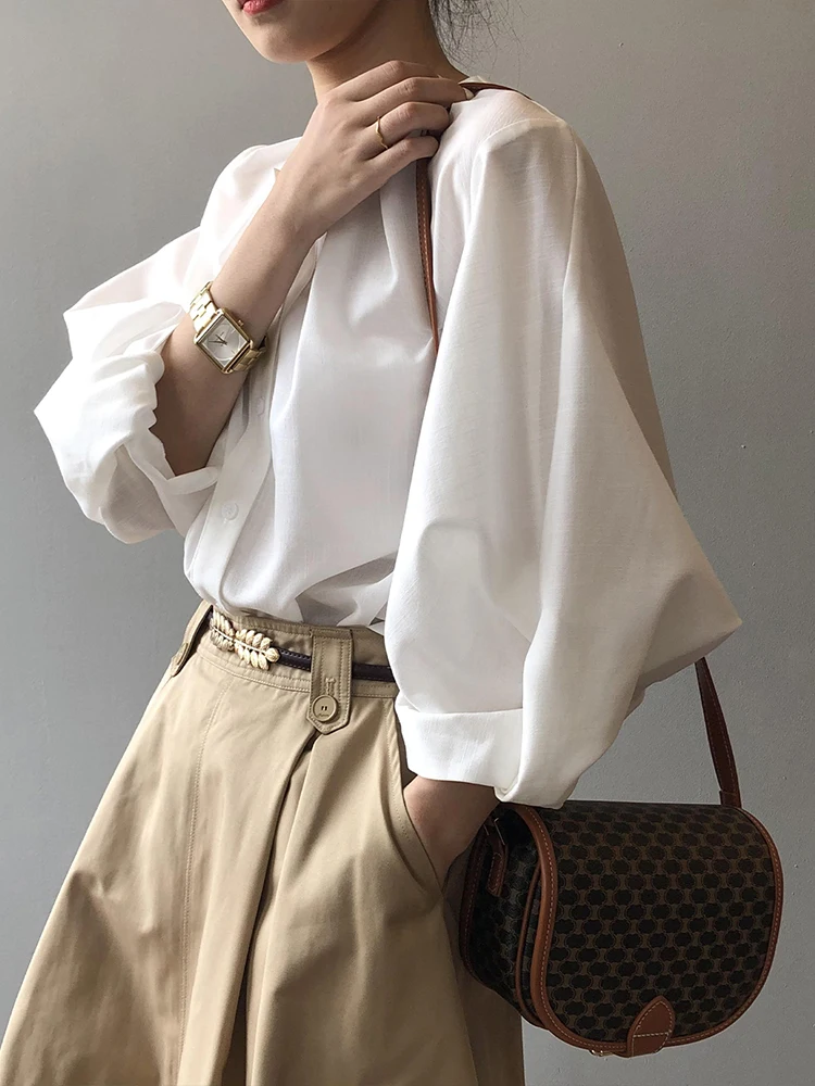 Minimalism Elegant White Shirt Single-Breasted Button Down Blouse Lantern Sleeve Luxury 3/4 Sleeve Office Ladies Quality Blouses