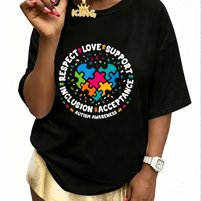 Autism Awareness Respect Love Support Autism Women's 100% Cotton T-Shirt Short Sleeve Top Casual Round Neck Fun Print Tee S-5Xl